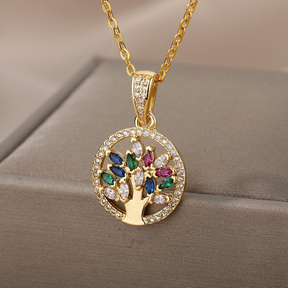 Tree of Life Gold-Plated Energy Necklace | Multicolor Stones