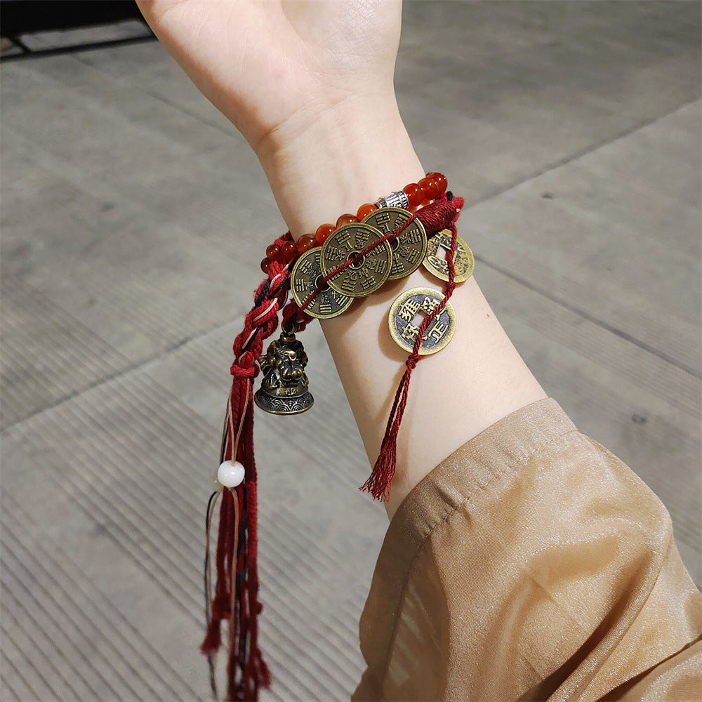 Tibetan Five-Ghost Coins Bell Energy Meditation Bracelet | Red Rope