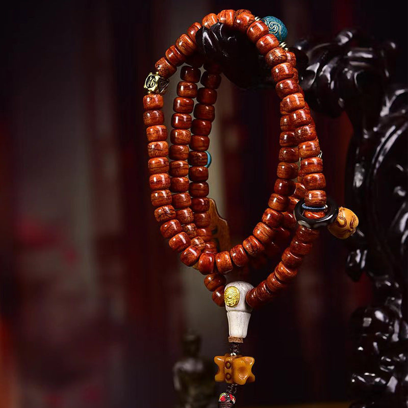 Tibetan Vintage Camel Bone Barrel Beads Prayer Bracelet - Meteorite Sherpa Agate