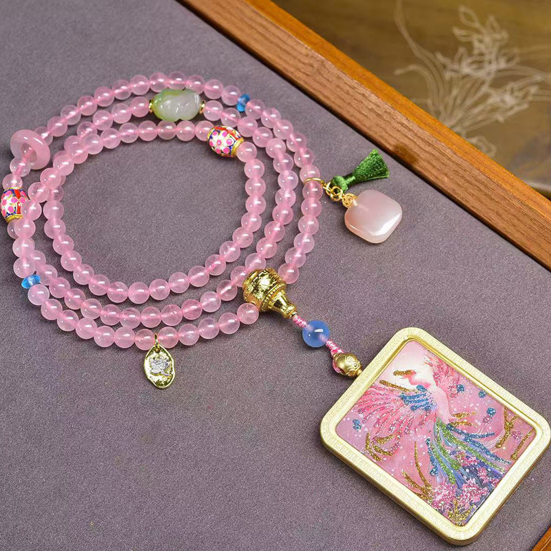 Tibetan Pink Phoenix Fire Thangka Amulet Rose Quartz Necklace