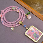 Tibetan Pink Phoenix Fire Thangka Amulet Rose Quartz Necklace
