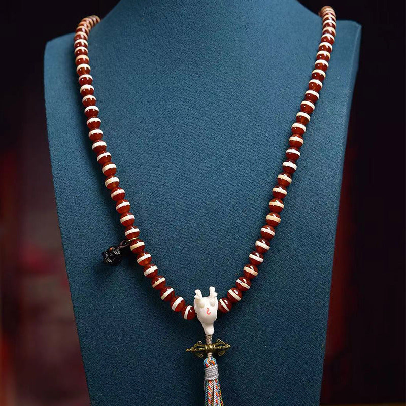Tibetan Vintage Etched Agate Prayer Beads - Deer Bone Guru Bead