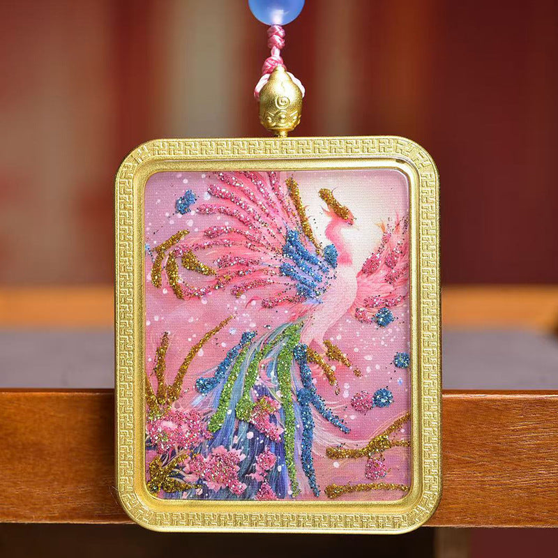 Tibetan Pink Phoenix Fire Thangka Amulet Rose Quartz Necklace
