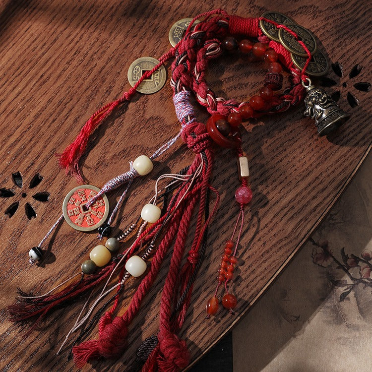 Tibetan Five-Ghost Coins Bell Energy Meditation Bracelet | Red Rope