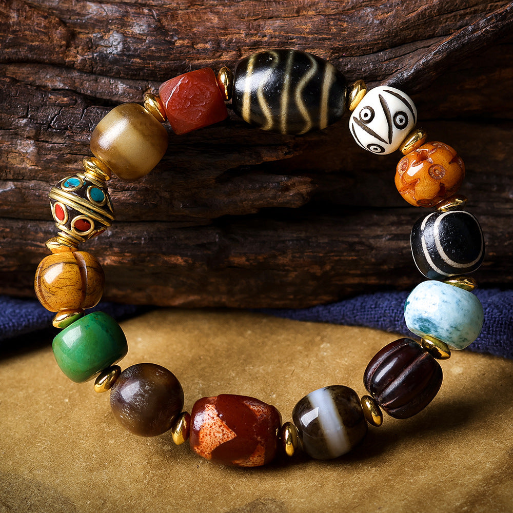 Tibetan Multi-Gem Bracelet - Double Tiger Tooth Dzi Antler Yak Bone