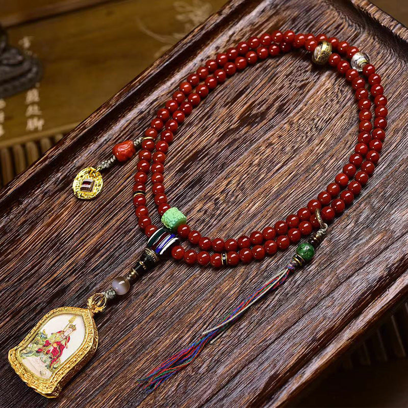 Tibetan Red Agate Prayer Beads - Ksitigarbha Buddha Amulet Necklace
