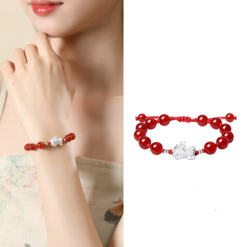 Baiyun Temple Silver Pixiu Rose Quartz Prosperity Bracelet | Wealth