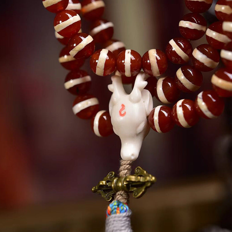 Tibetan Vintage Etched Agate Prayer Beads - Deer Bone Guru Bead