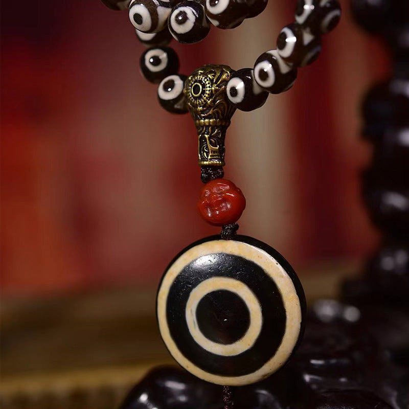 Tibetan Natural Three-Eye Dzi Bead 108 Prayer Beads Bracelet - Nanhong Agate Buddha Head