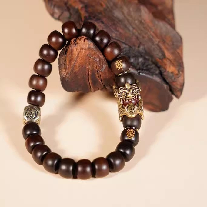 Natural Thunder Strike Wood Pixiu Feng Shui Bracelet - Wealth Protection Evil Ward Off Good Luck Prayer Beads