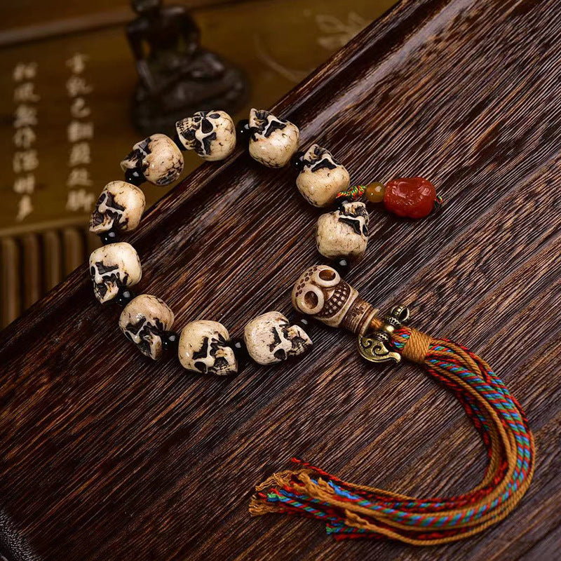 Tibetan Charnel Ground Skull Bracelet Camel Bone Carved Beads