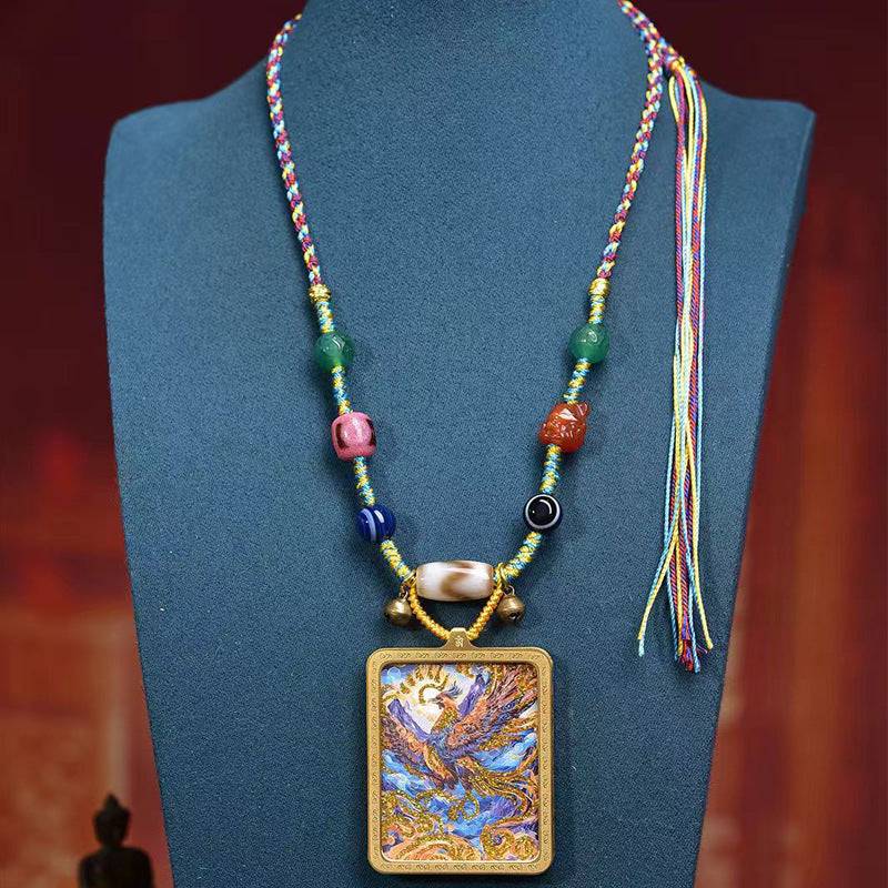 Tibetan Nine Purple Fire Phoenix Thangka Amulet Necklace