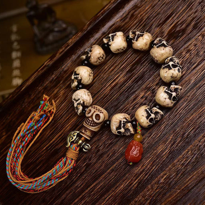 Tibetan Charnel Ground Skull Bracelet Camel Bone Carved Beads