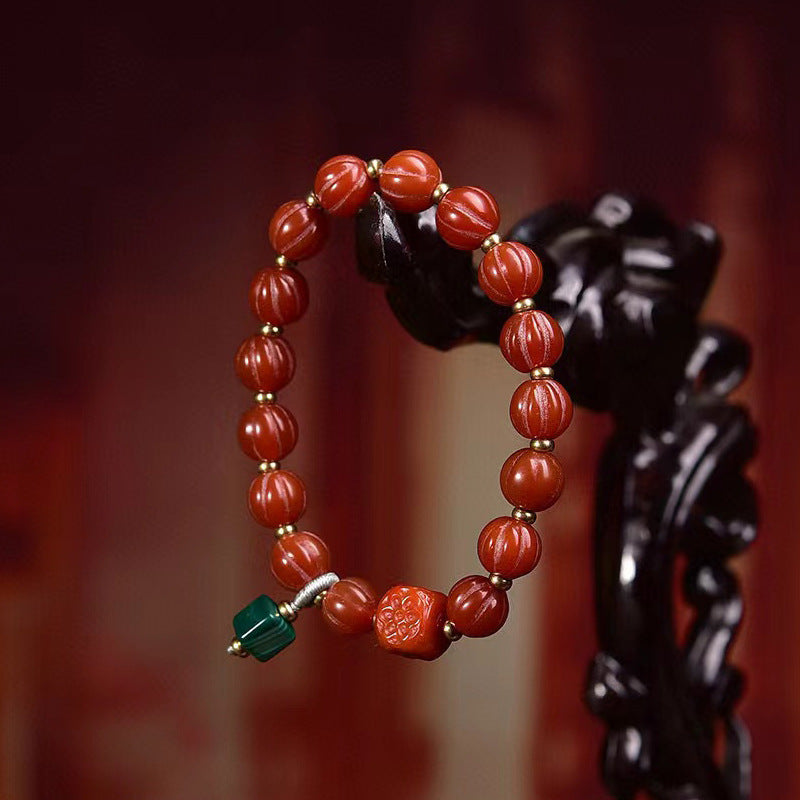 Red Agate Melon Beads Bracelet Malachite Charm