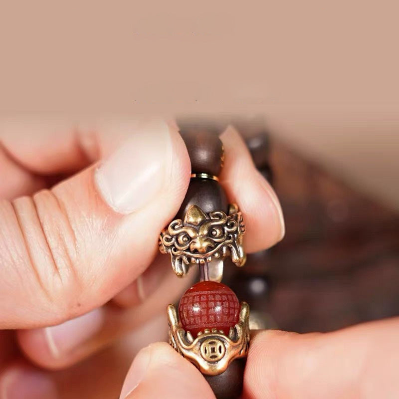 Natural Thunder Strike Wood Pixiu Feng Shui Bracelet - Wealth Protection Evil Ward Off Good Luck Prayer Beads