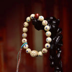 Aged Bone Wealth Bracelet White Inlay Beads Red Agate Charm