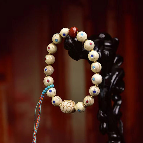 Aged Bone Wealth Bracelet White Inlay Beads Red Agate Charm