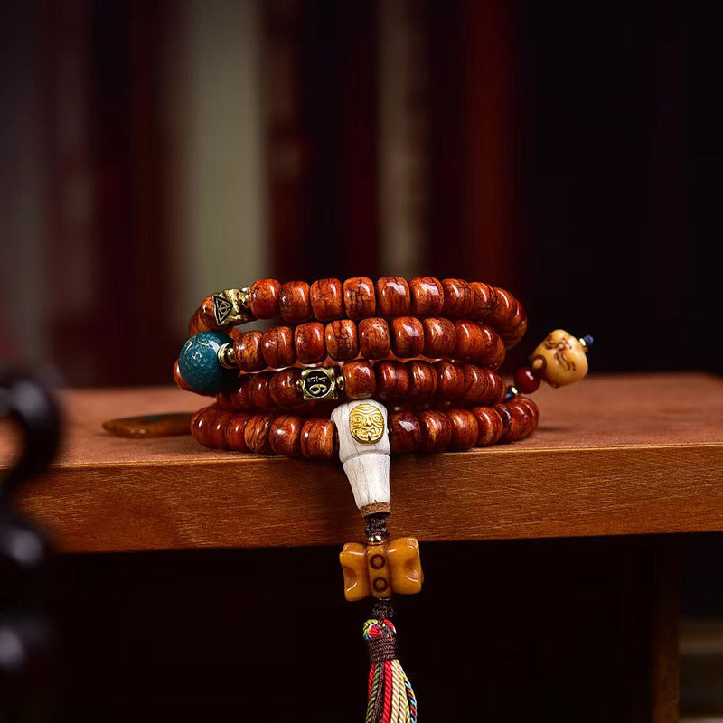 Tibetan Vintage Camel Bone Barrel Beads Prayer Bracelet - Meteorite Sherpa Agate