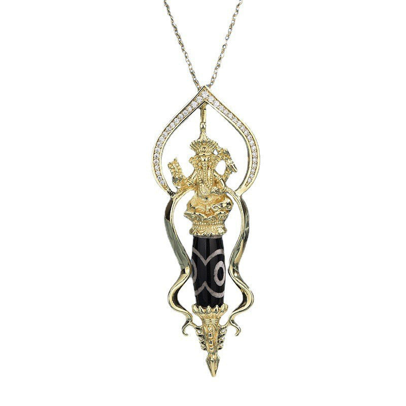 Dorje Elephant-Head Protection Pendant | Nine-Eye Dzi Bead Gold