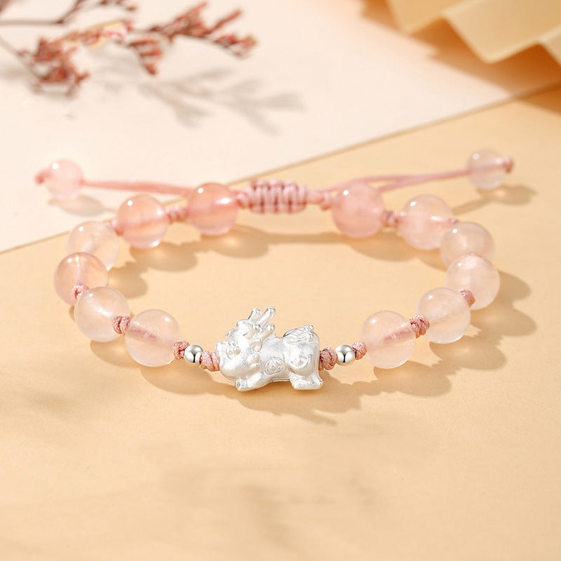 Baiyun Temple Silver Pixiu Rose Quartz Prosperity Bracelet | Wealth