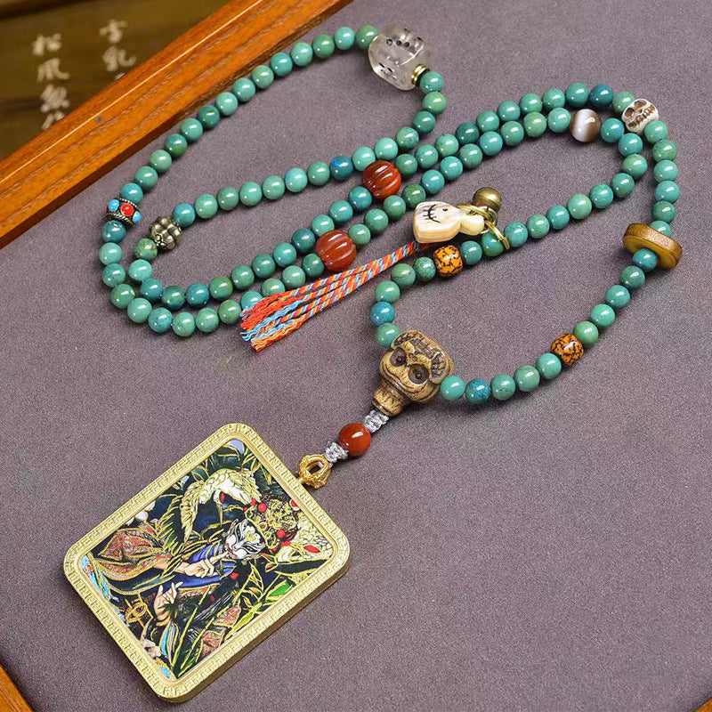 Tibetan White Crane Child Thangka Amulet Agate Turquoise Necklace