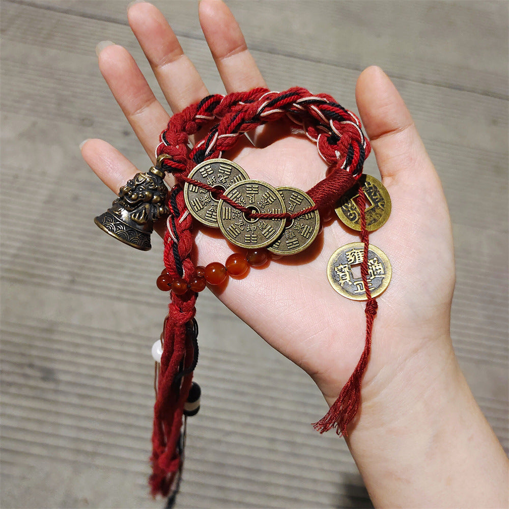 Tibetan Five-Ghost Coins Bell Energy Meditation Bracelet | Red Rope