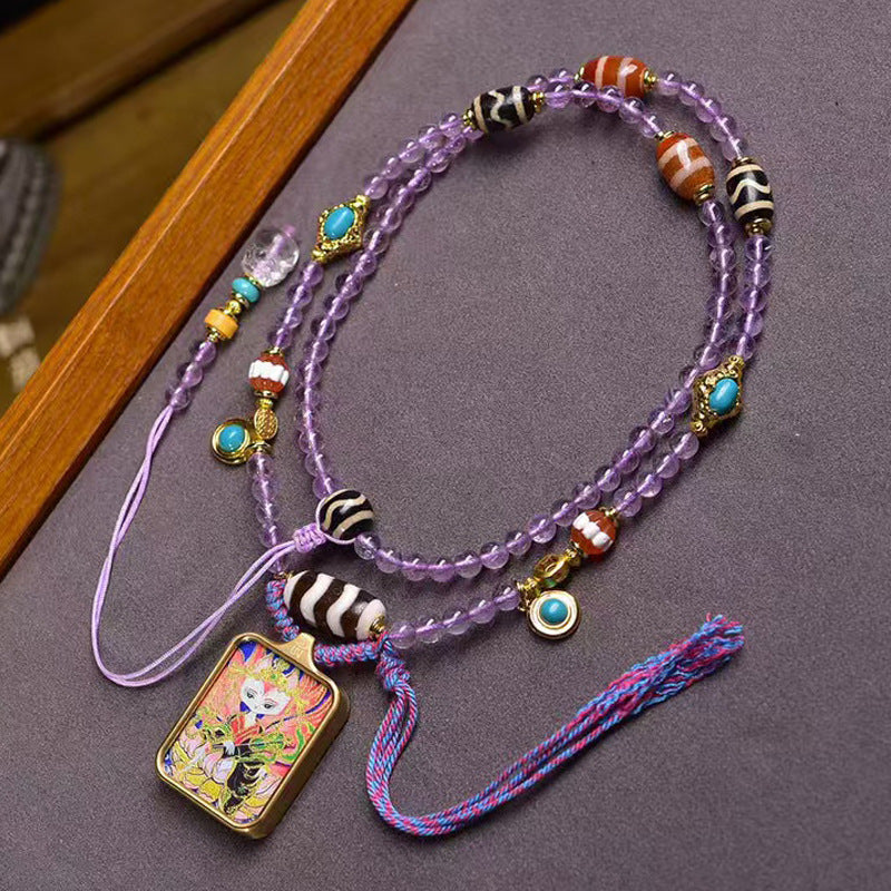 Tibetan White Nine-Tailed Fox Thangka Amulet Amethyst Necklace
