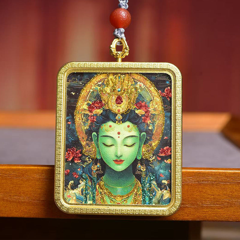 Tibetan Hand-Painted Green Tara Thangka Amulet Necklace