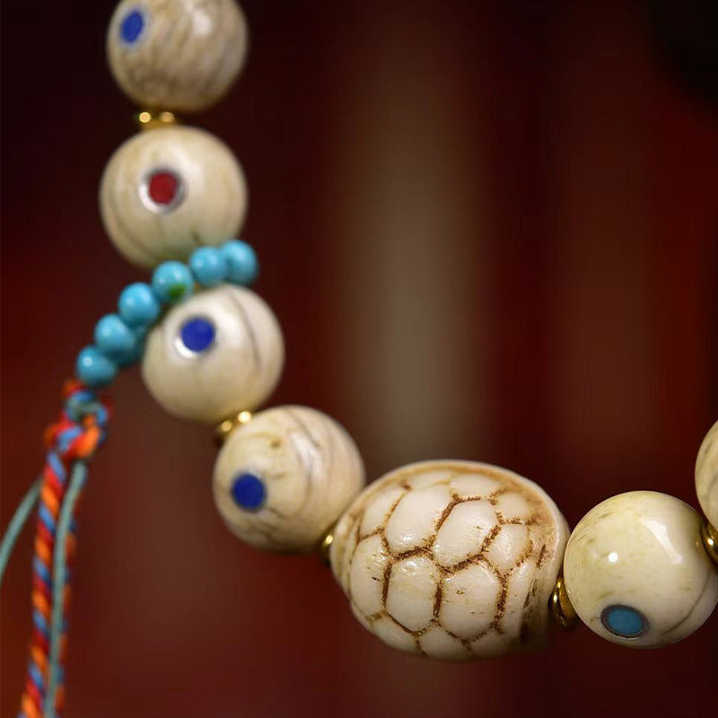 Aged Bone Wealth Bracelet White Inlay Beads Red Agate Charm