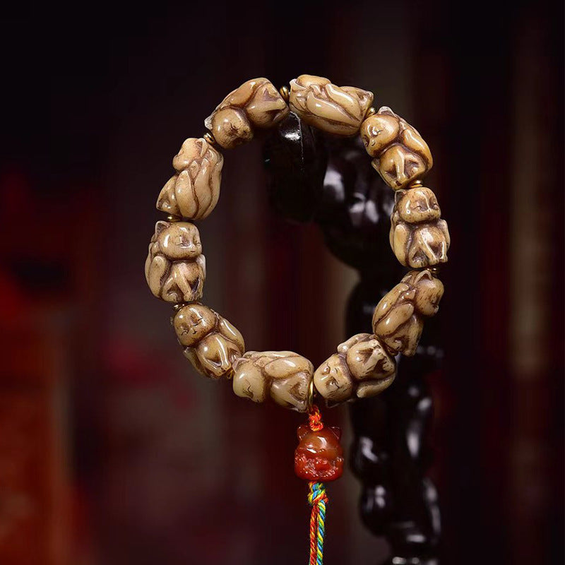 Bone Carved Fox Bracelet Red Agate Fox Tassel Charm