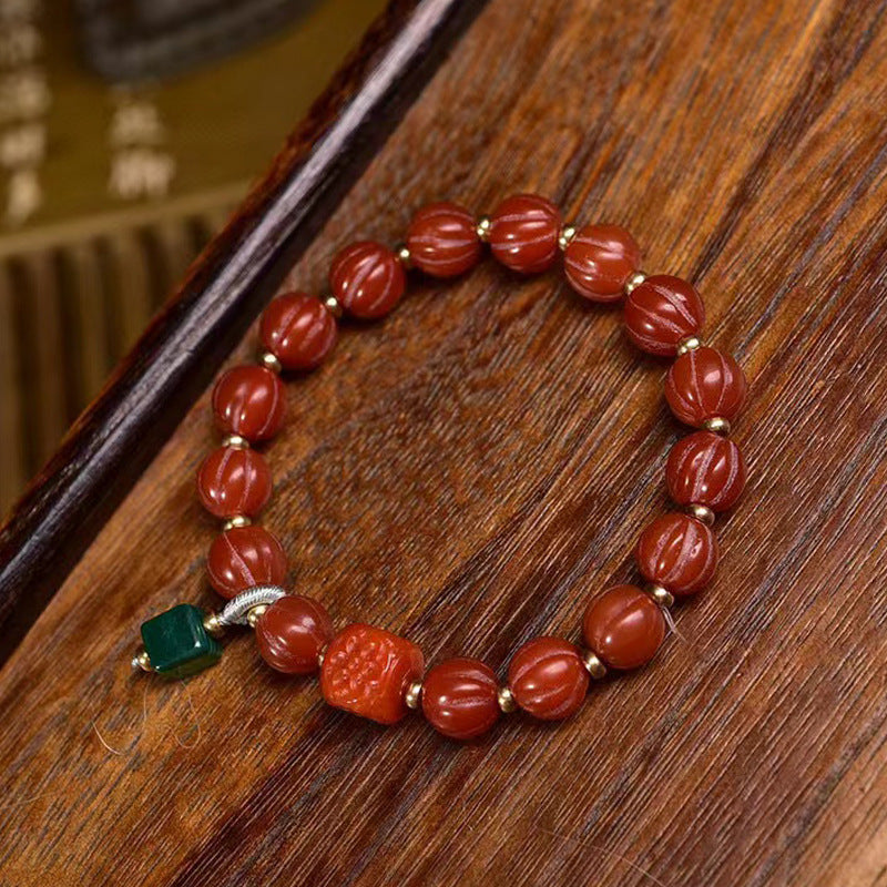 Red Agate Melon Beads Bracelet Malachite Charm