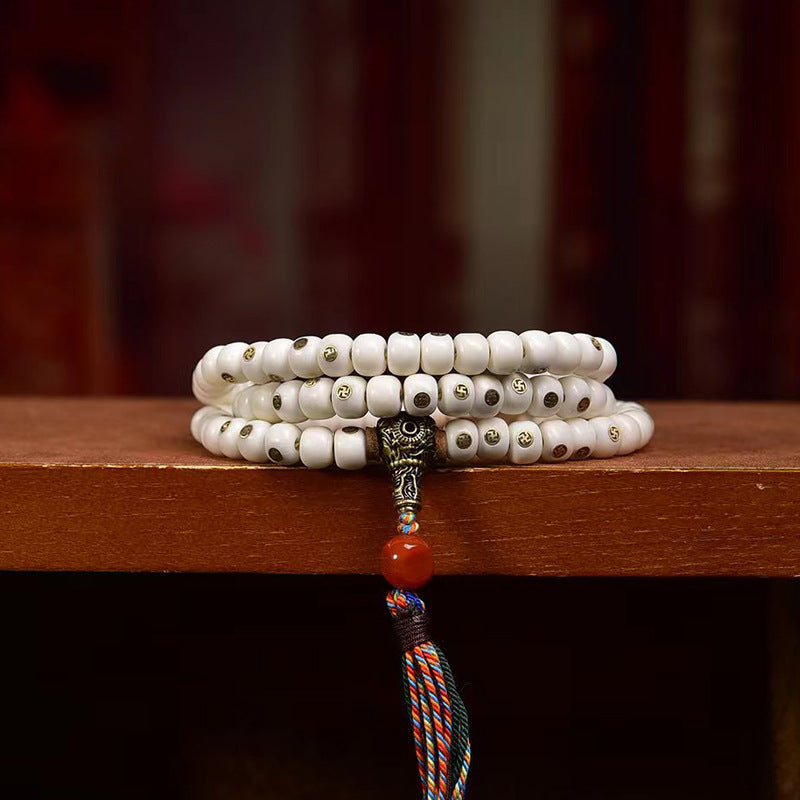 Tibetan Yak Bone Prayer Beads - Vintage Copper Swastika Inlay