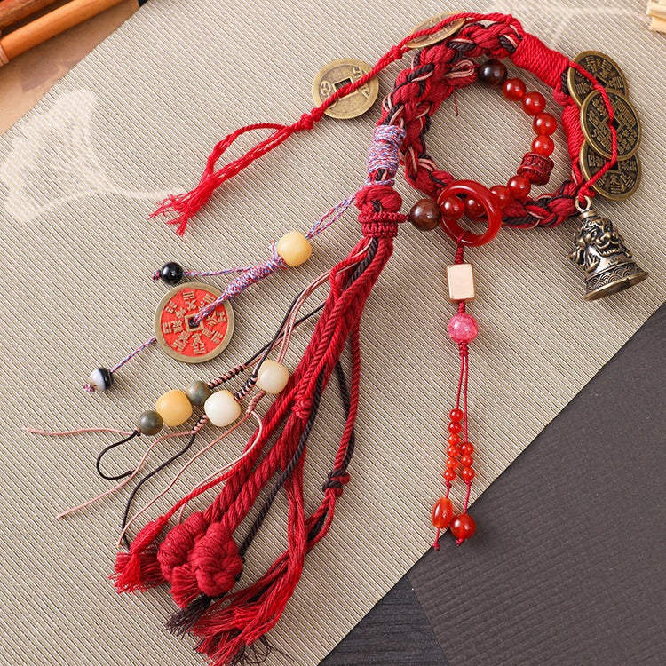Tibetan Five-Ghost Coins Bell Energy Meditation Bracelet | Red Rope