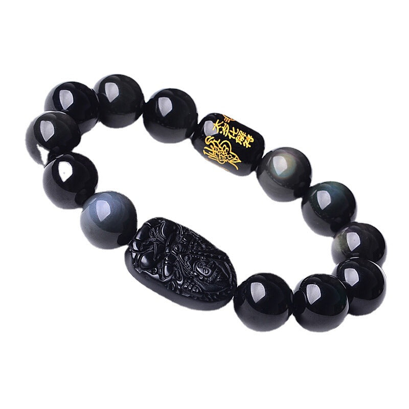 Obsidian Protection Bracelet | Carved Pendant Mantra Beads Feng Shui
