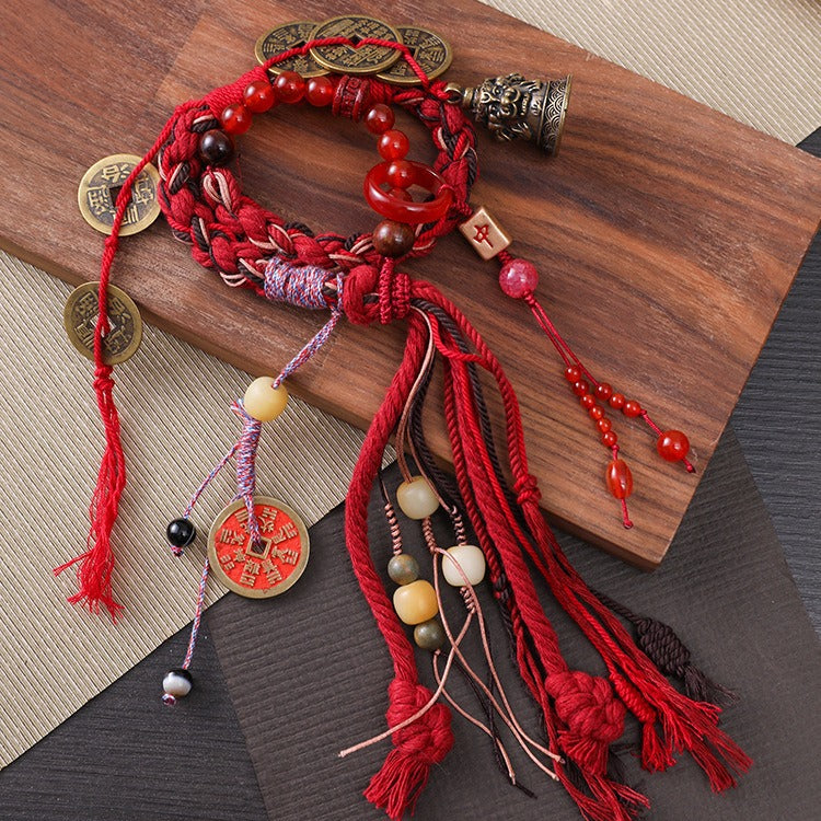 Tibetan Five-Ghost Coins Bell Energy Meditation Bracelet | Red Rope