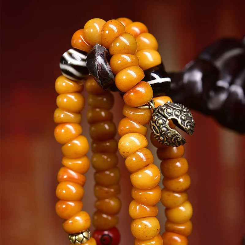 Tibetan Yak Bone Barrel Beads Prayer Bracelet - Auspicious Cloud Beast Wealth Clasp Bell