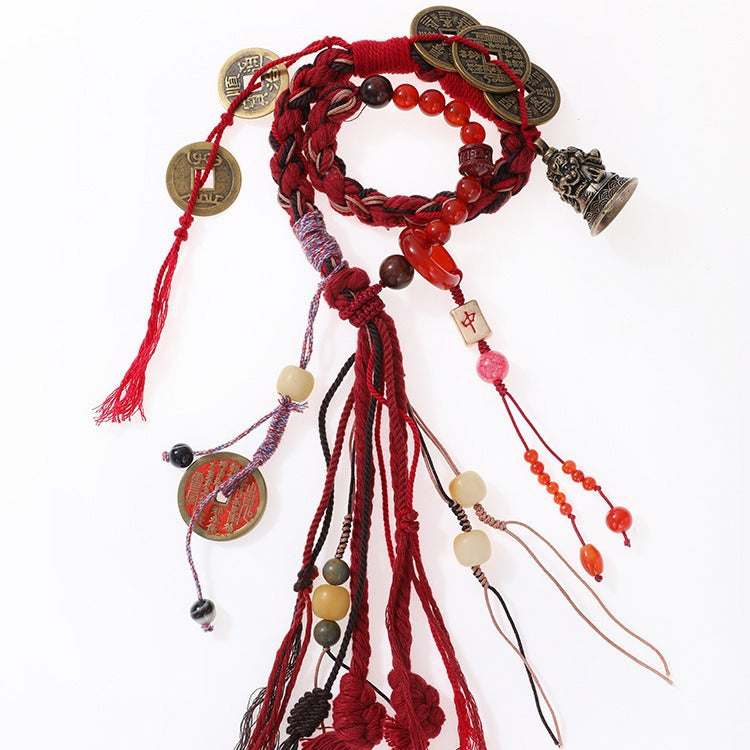 Tibetan Five-Ghost Coins Bell Energy Meditation Bracelet | Red Rope