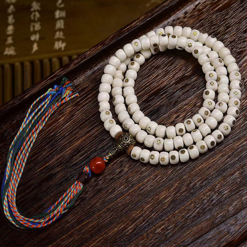 Tibetan Yak Bone Prayer Beads - Vintage Copper Swastika Inlay