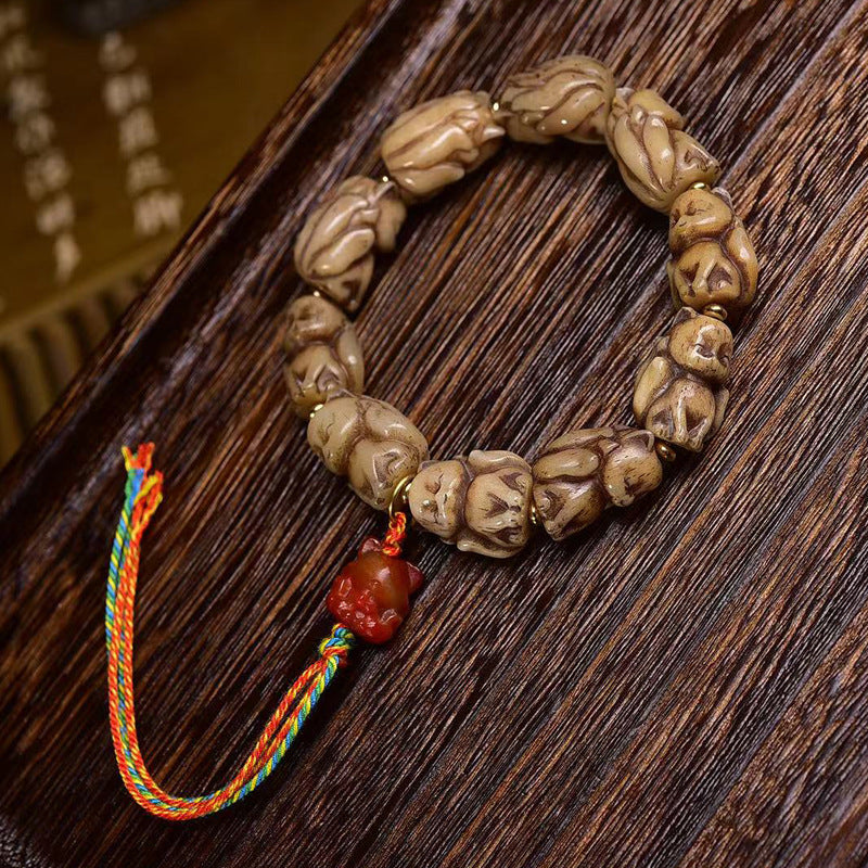 Bone Carved Fox Bracelet Red Agate Fox Tassel Charm