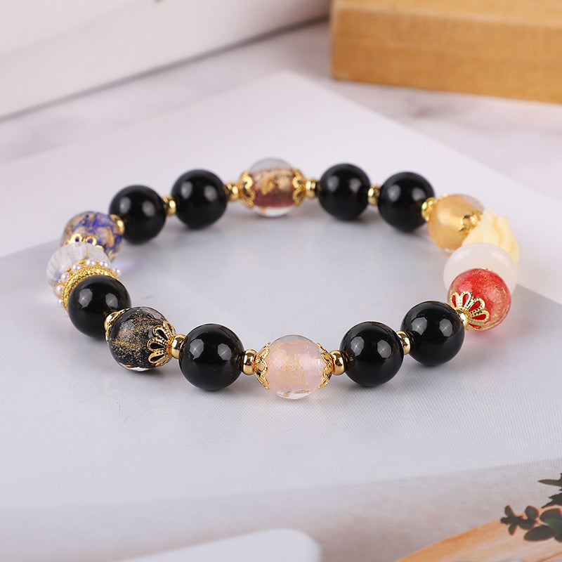 Black Porcelain Glaze Nine-Tailed Fox Crystal Bracelet | Gold Foil