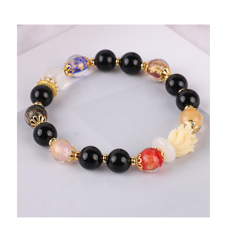 Black Porcelain Glaze Nine-Tailed Fox Crystal Bracelet | Gold Foil