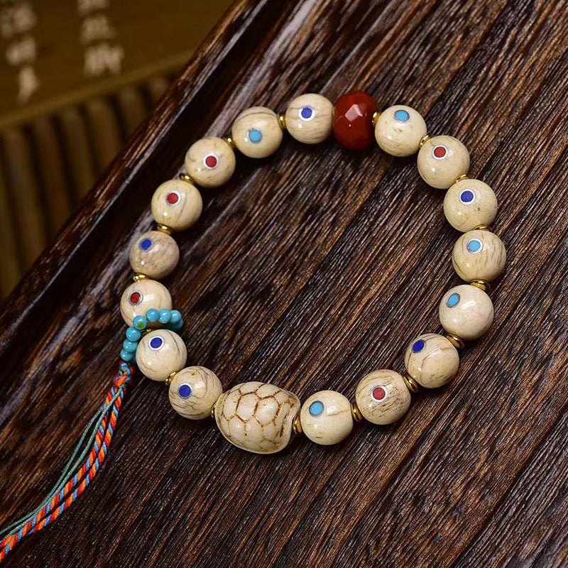 Aged Bone Wealth Bracelet White Inlay Beads Red Agate Charm