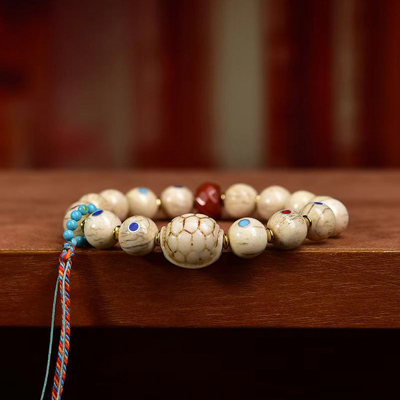 Aged Bone Wealth Bracelet White Inlay Beads Red Agate Charm