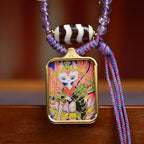 Tibetan White Nine-Tailed Fox Thangka Amulet Amethyst Necklace