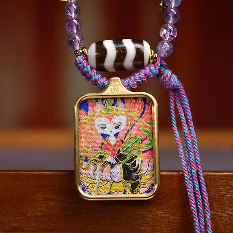 Tibetan White Nine-Tailed Fox Thangka Amulet Amethyst Necklace