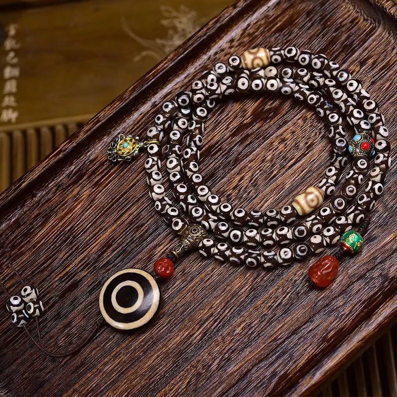 Tibetan Natural Three-Eye Dzi Bead 108 Prayer Beads Bracelet - Nanhong Agate Buddha Head