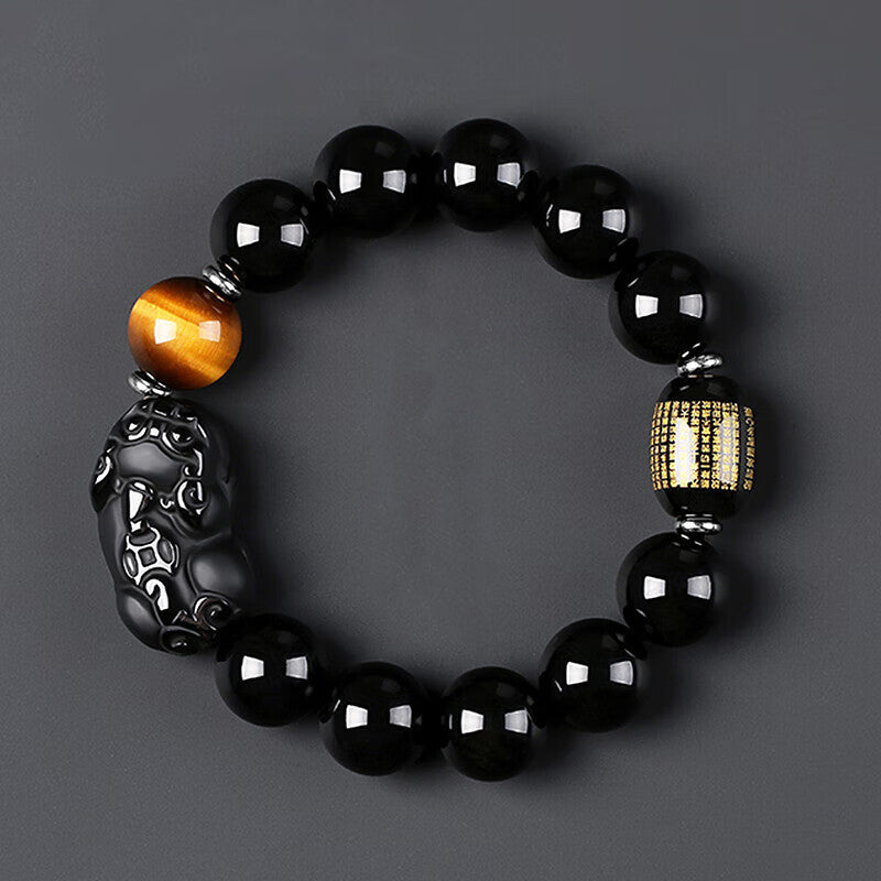 Gold Obsidian Pixiu Wealth Protection Bracelet | Sterling Silver Rune