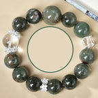 Full top view of a Taoist career success energy bracelet with large green crystal and clear quartz beads