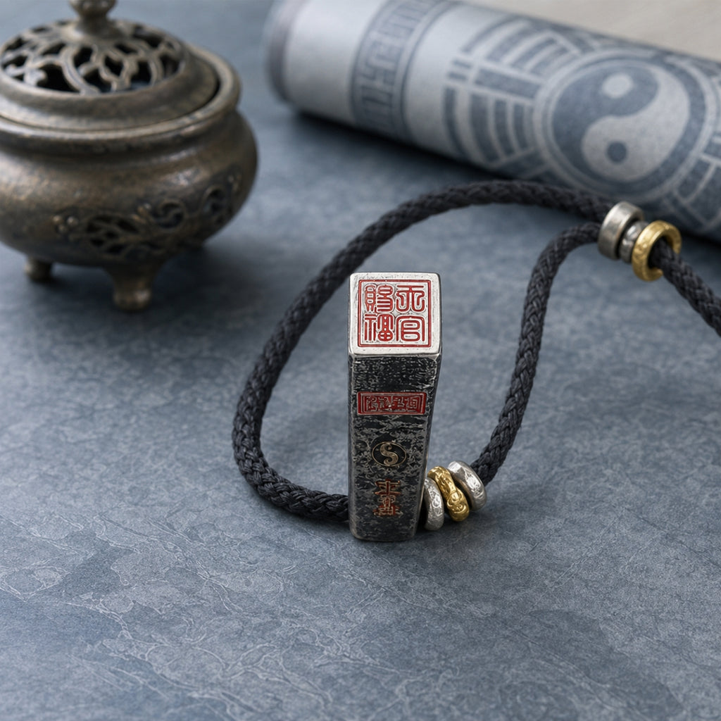Upright view of a Taoist supreme protection talisman showing the Celestial Master Seal and cinnabar engraved side details.