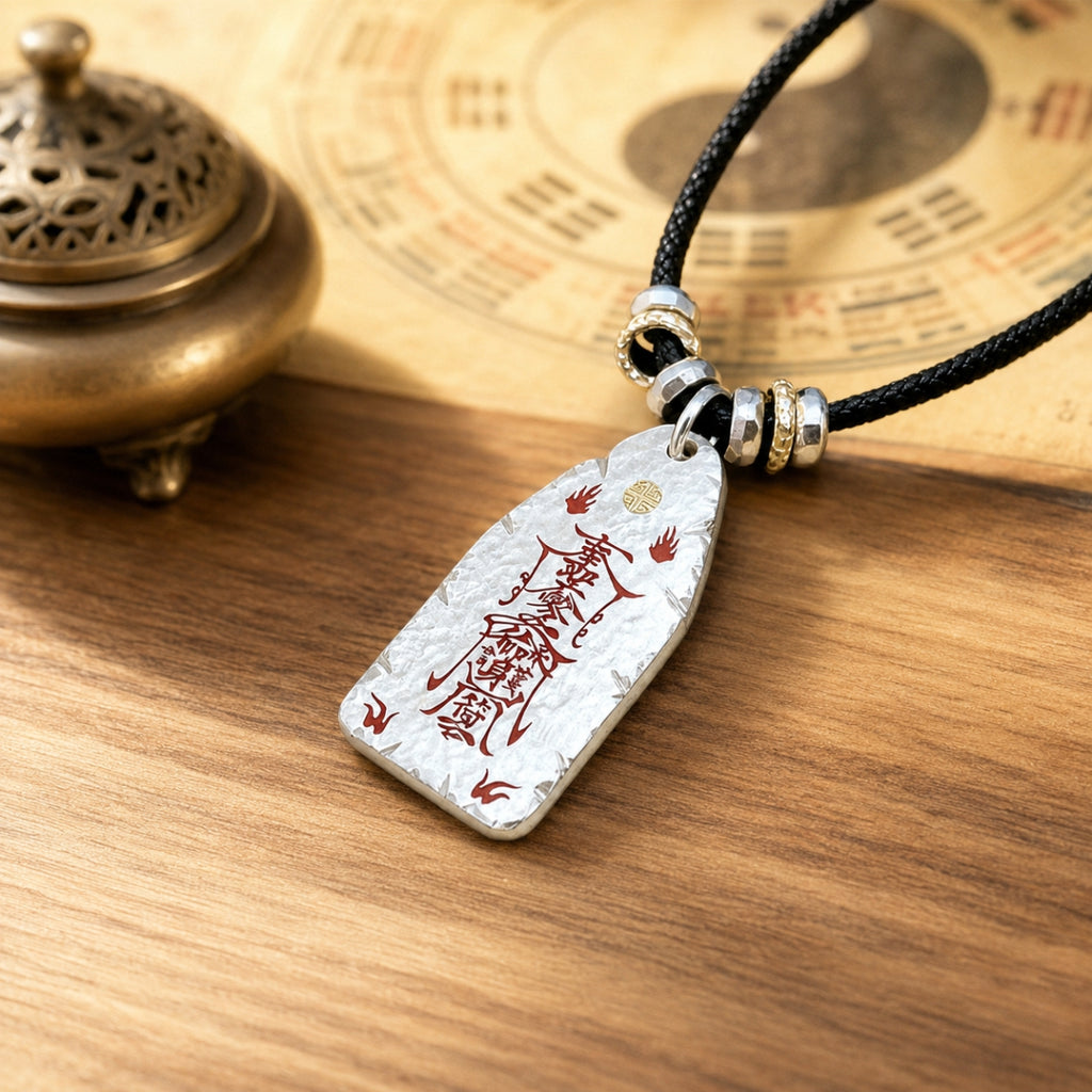 Taoist dual-sided protection talisman with hand-painted cinnabar symbols, black cord, and silver and gold-tone details